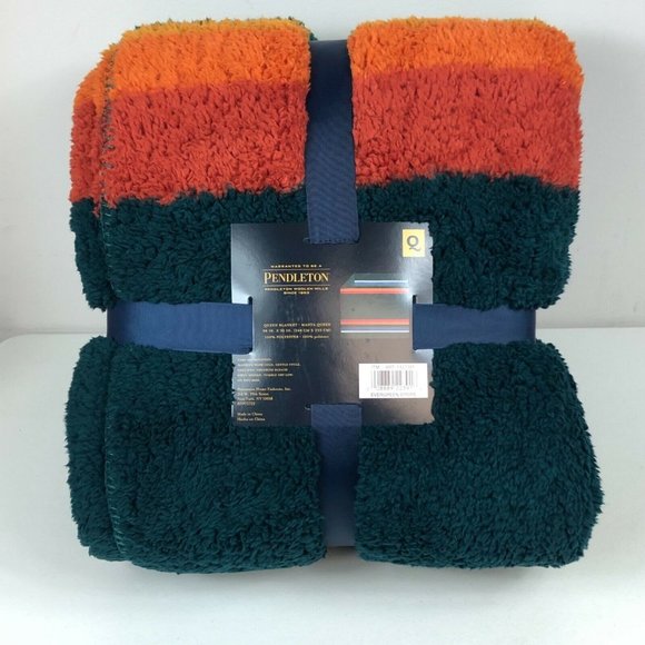 Pendleton Sherpa Fleece Blanket Evergreen Stripe Queen New 98 X 92 Inches Soft - Picture 4 of 12